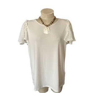 Adrianna Papell Women L Stretch Blouse Swiss Dot Chiffon Flutter Sleeves